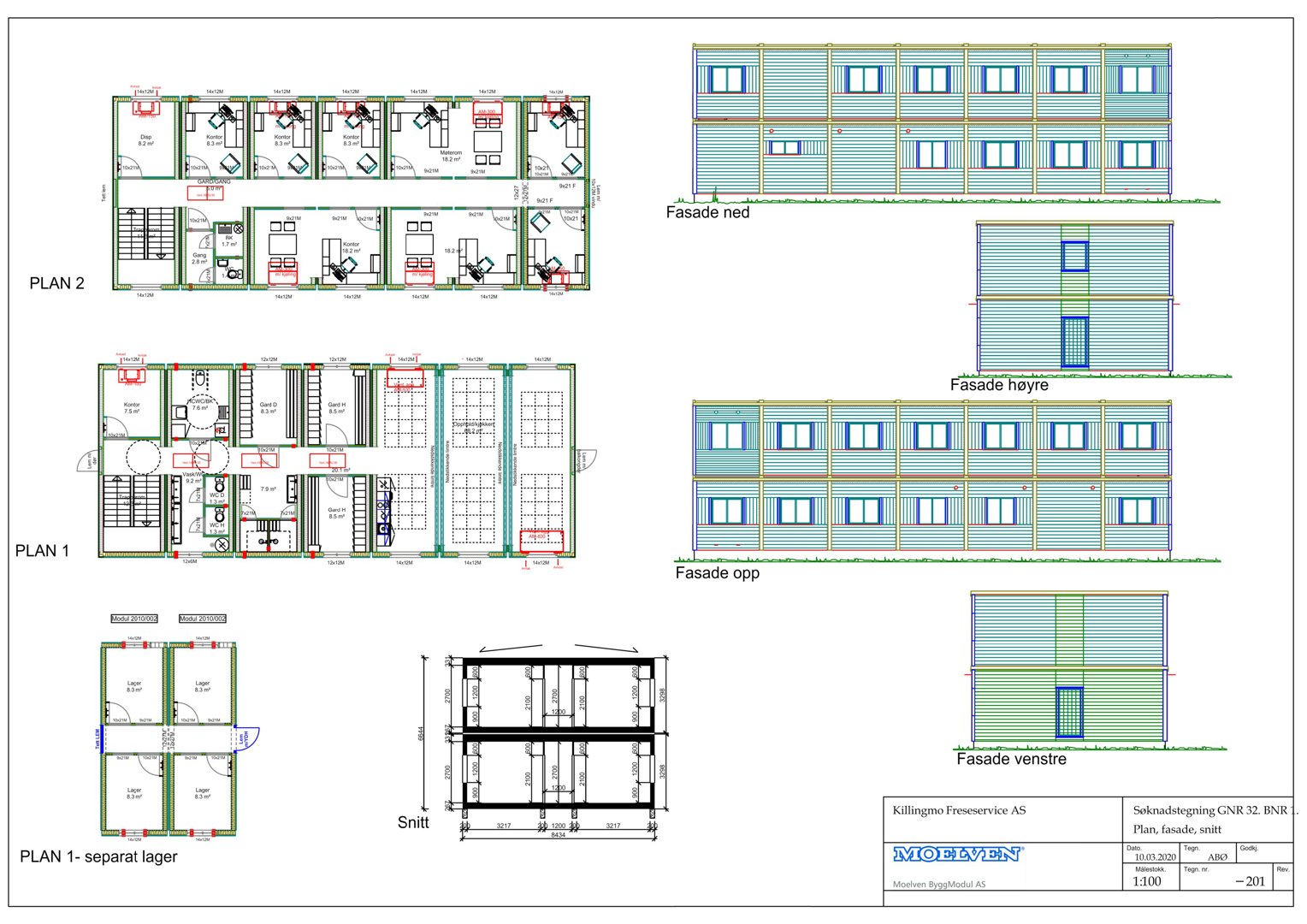 En tegning som viser etasjeplaner (PLAN 1, PLAN 2), fasadeopprikk og snitt for en bygning.