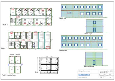 En tegning som viser etasjeplaner (PLAN 1, PLAN 2), fasadeopprikk og snitt for en bygning.