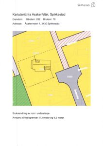 Kartutsnitt som viser eiendomsforhold, nabogrenser og bygningsplassering på tomten.