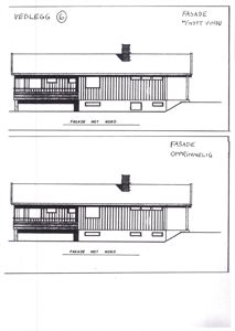 Bildet viser to tegninger av en bygning sett fra utsiden. Øverste tegning er merket 'FASADE NYTT VINDU' og nederste 'FASADE OPPRINNELIG'. Begge viser fasaden mot nord.