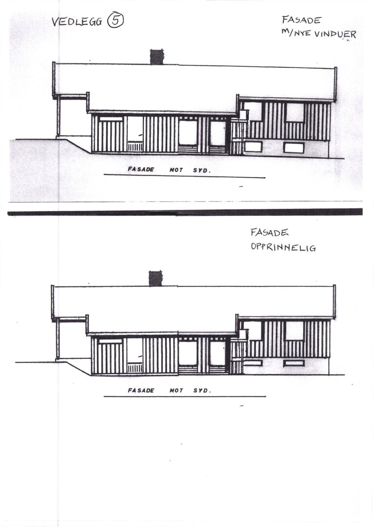 Bildet viser to fasadetegninger av en bygning. Øverste tegning er merket 'FASADE NYE VINDUER' og nederste 'FASADE OPPRINNELIG'. Begge viser fasaden sett mot sør.