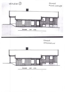 Bildet viser to fasadetegninger av en bygning. Øverste tegning er merket 'FASADE NYE VINDUER' og nederste 'FASADE OPPRINNELIG'. Begge viser fasaden sett mot sør.
