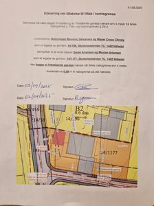 Situasjonsplan som viser eiendomsgrenser, naboeiendommer og planlagt utbygging.