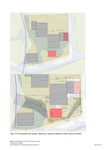 Situasjonsplan som viser to scenarier for flomsituasjon på en tomt, inkludert bygningsspor og vannveier.