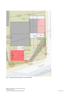 Situasjonsplan som viser garasje, grøft for overvannshåndtering og nabolagsgrenser.