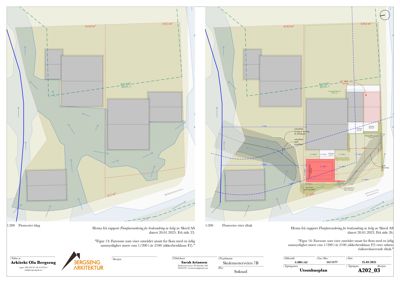 Situasjonsplan som viser tomtens form, grenser, og plassering av bygninger i forhold til omgivelsene. Planen inkluderer også flomvassområder og sikkerhetsklasser.