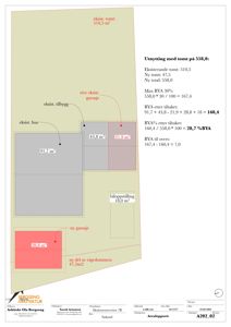 Situasjonsplan som viser eksisterende og planlagt tomtegrenser, bygninger og arealutnyttelse.
