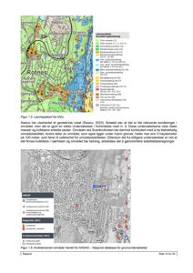 Bildet viser to kart som illustrerer geologiske forhold og grunnundersøkelser i et område. Øvre kart er et løsmassekart med fargekoding for ulike jordtyper, mens nedre kart viser kvikkleirsoneområder og soner for grunnundersøkelser.