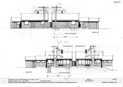 Fasadetegning som viser bygningens utseende sett fra øst og vest, inkludert detaljer om utgraving og innredning av kjellerareal.