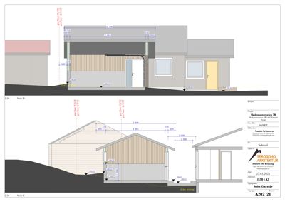 Snittegning av en garasje og tilhørende bygning med mål og høydeangivelser.