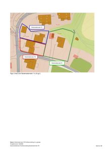 Kart som viser bygningsplassering og tomtegrenser for Skolemesterveien 7A, 7B og 7C.