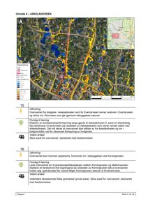 Et kart som viser et område med overlappende lag for vannveier (blått) og terrengforhold (gult/gulbrunt), samt en tekstuell rapport om utfordringer og forslag til løsning for overvannshåndtering.