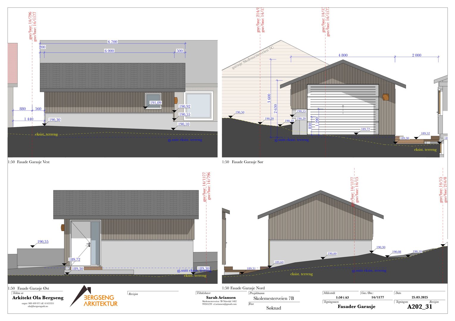 Fasadetegning av en garasje sett fra fire sider (vest, sør, øst, nord) med mål og høydeangivelser.