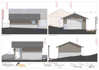 Fasadetegning av en garasje sett fra fire sider (vest, sør, øst, nord) med mål og høydeangivelser.