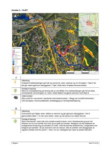 Et kart som viser et område med overløpsvann (fargekoding) og infrastruktur, inkludert en vei og bebyggelse.