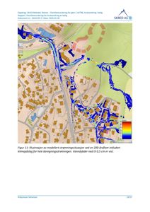 Illustrasjon av en hydrologisk modell (strømningssituasjon) over et område med bygninger og vannveier.