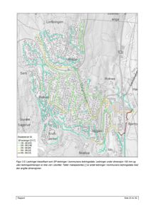 Et kart som viser ledningsnett i et område, med fargekoding for ulike ledningsdimensjoner og navn på steder som Lintfåningen og Nittedal.