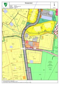 Situasjonskart som viser eiendomsgrenser, arealbruk og bygningsplassering.