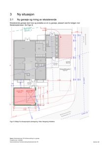Situasjonsplan som viser eksisterende og planlagt garasje i forhold til naboeiendom og veier.