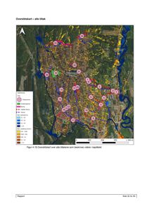 Et kart som viser et geografisk område med overlagte data om tiltak, ferdigkjørte prosjekter og høydemålinger.