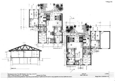 Etasjeplan (Plan 1) med romfordeling, samt et snitt (Snitt A-A-A) av bygningen.