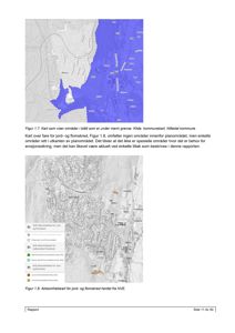 Bildet viser to kart fra en rapport. Figur 1.7 er et kart som viser områder under marin grense, og Figur 1.8 er et aktsomhetskart for jord- og flomskred. Begge er geografiske kart.