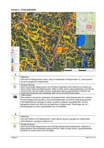 Et kart som viser et overvannssituasjon i et boligområde, med fargekoding for vannmengde og tekstbeskrivelser av utfordringer og løsninger.