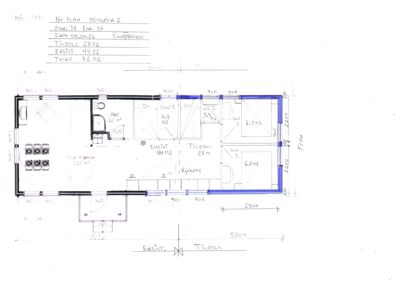 Etasjeplan (Ny Plan) som viser romfordeling, mål og endringer i en bygning.