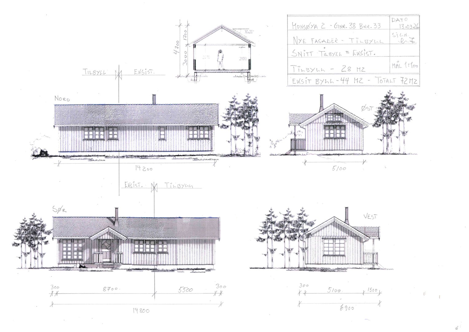 Fasadetegning som viser bygningens utseende fra flere vinkler (Nord, Vest, etc.) med mål og detaljer.