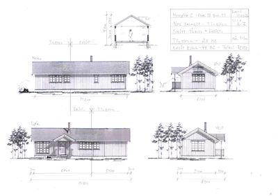 Fasadetegning som viser bygningens utseende fra flere vinkler (Nord, Vest, etc.) med mål og detaljer.