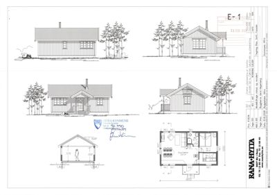 Bildet viser en fasadetekning med fire utsiktsspor av en hytte, samt en snittegning og et etasjeplan.