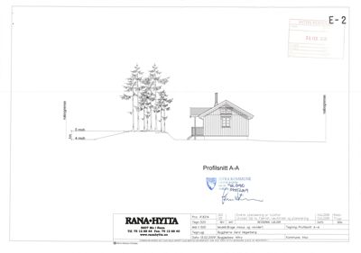 En tegning som viser et tverrsnitt (profil) av en hytte sett fra siden, inkludert terreng og nabogrenser.