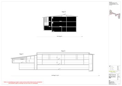 Snittegning som viser tverrsnitt gjennom bygningene Bygg C1 og C2, inkludert konstruksjonsdetaljer, høyder og romfordeling.