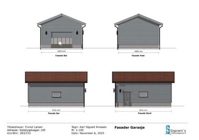 Fasadetegning som viser oppriss av en garasje sett fra alle fire sider (Øst, Vest, Sør, Nord).