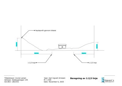 Snittegning som viser høydeprofil gjennom tiltaket med angitte mål og 1:2,5 linjer.