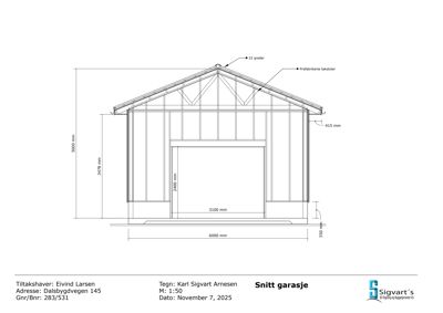 Snittegning av en garasje med angitte mål og konstruksjonsdetaljer.
