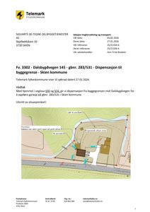 Utsnitt av situasjonskart som viser tomt, vei (Fv. 3302), eksisterende og planlagt garasje, samt flomfare-område.