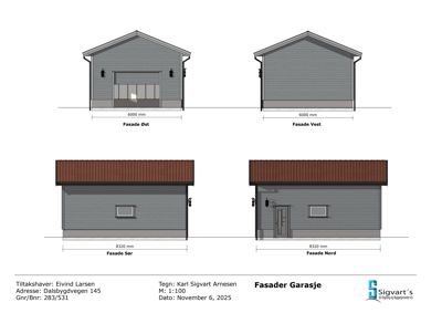 Fasadetegning som viser oppriss av en garasje sett fra alle fire sider (Øst, Vest, Sør, Nord).