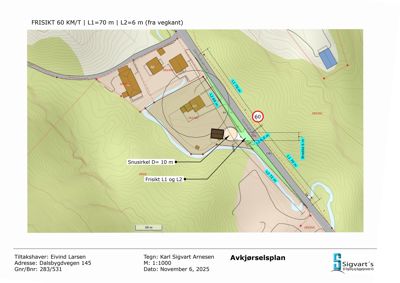 Situasjonsplan (avkjørselsplan) som viser tomtens beliggenhet i forhold til vei, høydeforhold, snusirkel og frisiktskrav.