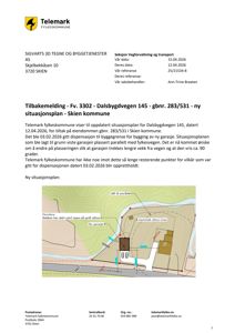 Situasjonsplan som viser tomt, bygninger, veg og vannløp