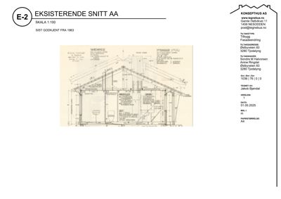 Tegning som viser et tverrsnitt (snitt) gjennom en eksisterende bygning, med detaljer om takkonstruksjon, veggtykkelse og romfordeling.
