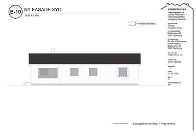 Fasadetegning (opprikk) av bygningens sydfasade med vinduer og tak.