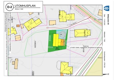 Situasjonsplan (utomhusplan) som viser tomtens grenser, nabolag, og plassering av eksisterende og planlagt bygning.