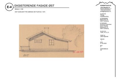 Fasadetegning som viser eksisterende fasade mot øst for en bygning.