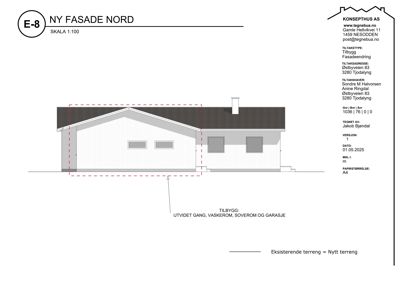 Fasadetegning (opprikk) av en bygning sett fra nord, som viser ny fasade med utvidet gang, vaskerom, soverom og garasje.