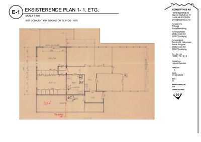 Eksisterende etasjeplan (1. etg) med romfordeling, mål og innredning.