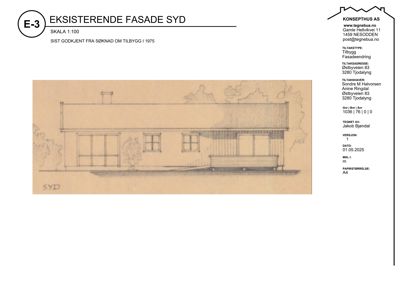 Tegning av eksisterende fasade (sydsiden) av en bygning, med skisse over tak og vindusoppsett.