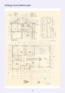 Bildet viser en samling tegninger for en bygning, inkludert et snitt (KONSTRUKSJONSSNITT), et takplan (TAKSKARTELLE), et fundamentplan (FUNDA) og en gulvplan (GULVPLAN).