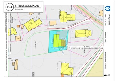 Situasjonsplan (D-1) som viser tomtens grenser, nabolag, eksisterende bygninger og planlagt tilbygg med mål.