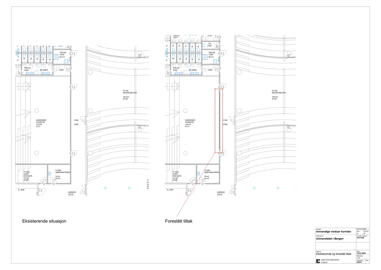 Plantegning som viser eksisterende og foreslått tilstand for vinduer i en bygning.